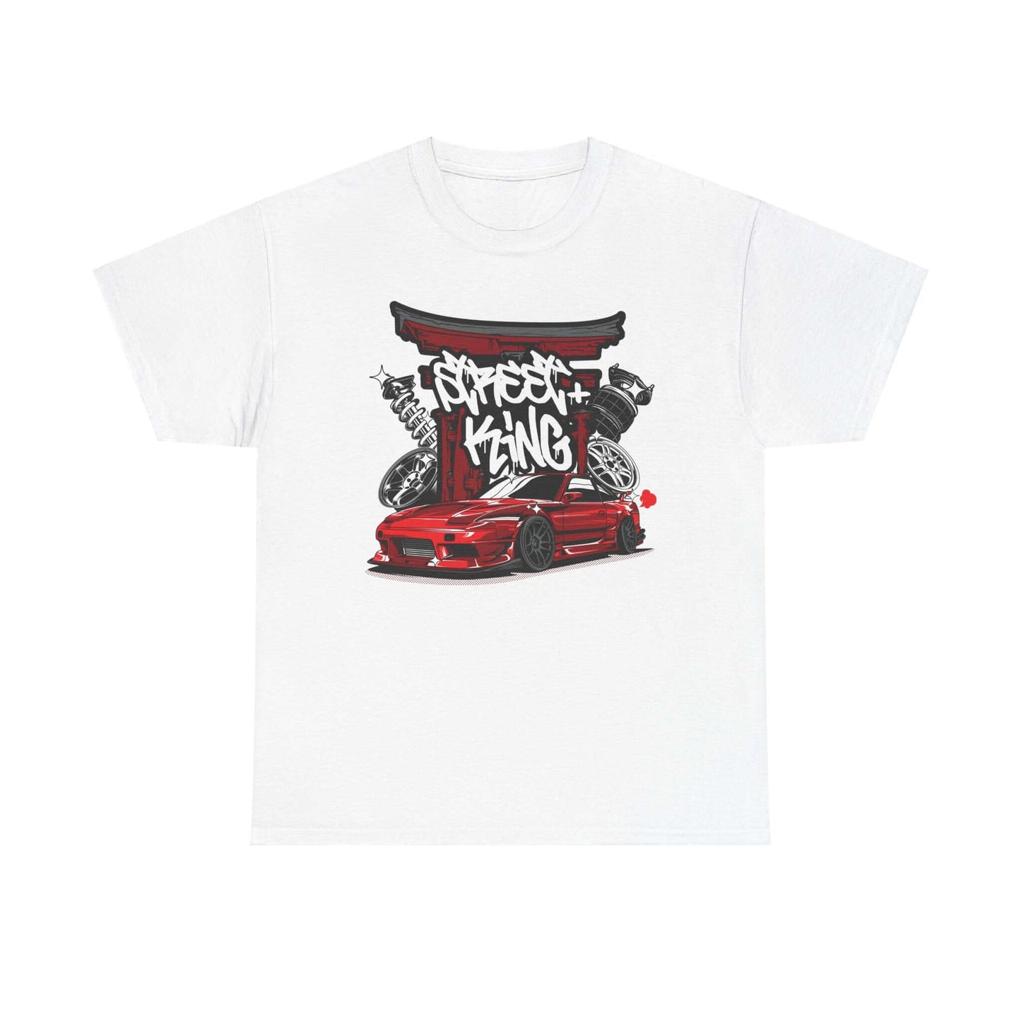 Stylized red sports car at Japanese Torii gate with "Street King" graffiti on a white t-shirt, perfect for racing fans.