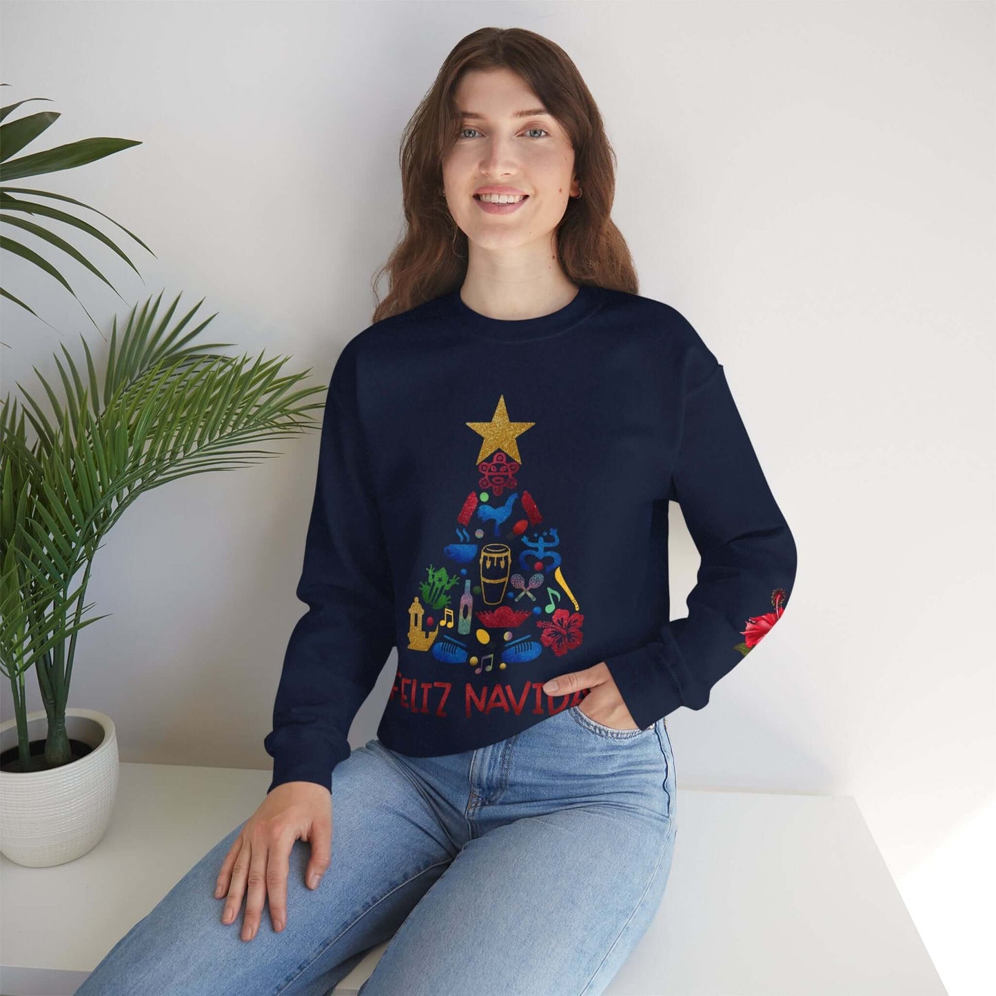 Feliz Navidad Puerto Rico Festive Print on left Long Sleeve Christmas T-Shirt with Unique Colorful Tree Design