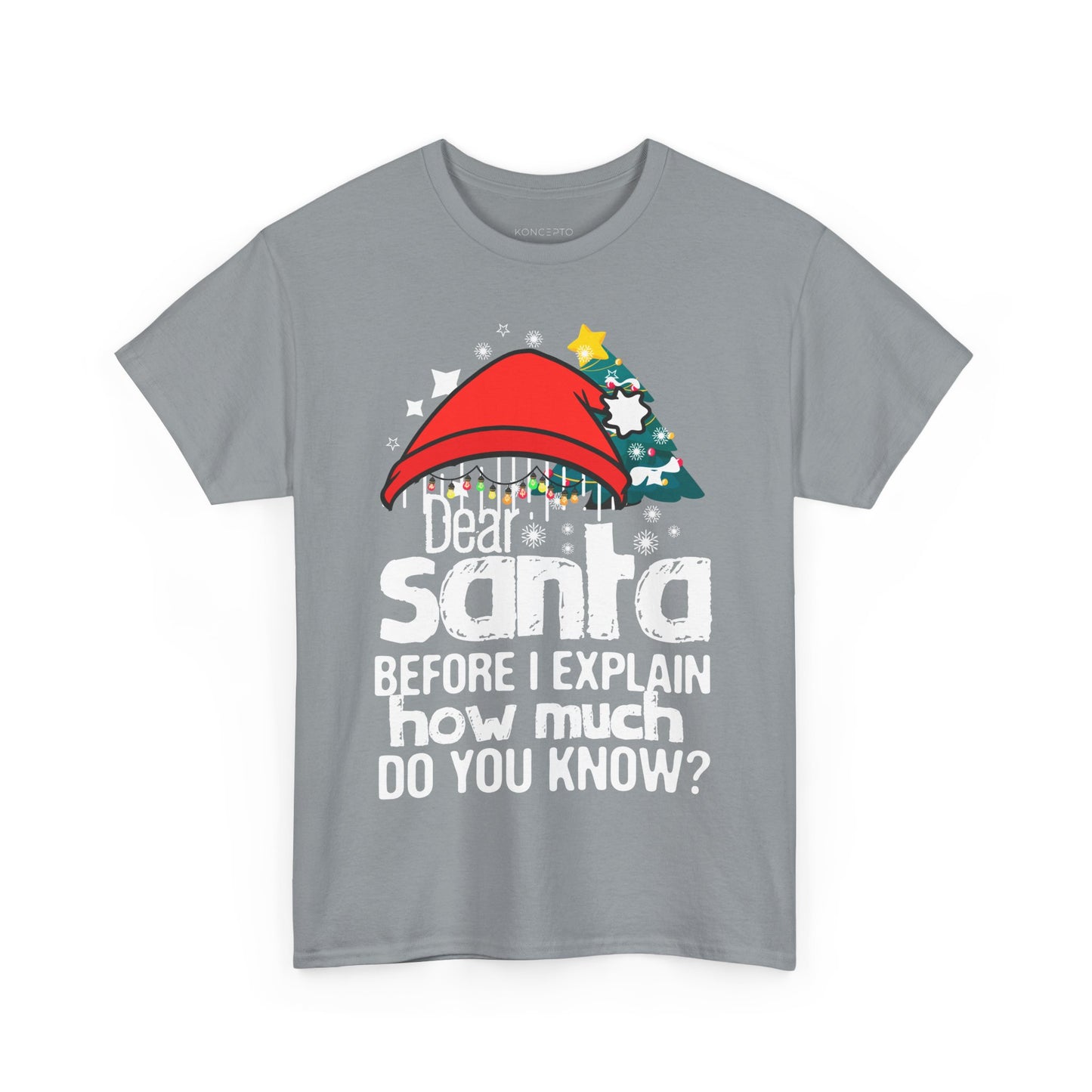 Funny Christmas unisex tee featuring a red Santa hat and tree design with playful text "Dear Santa, BEFORE I EXPLAIN how much DO YOU KNOW?"