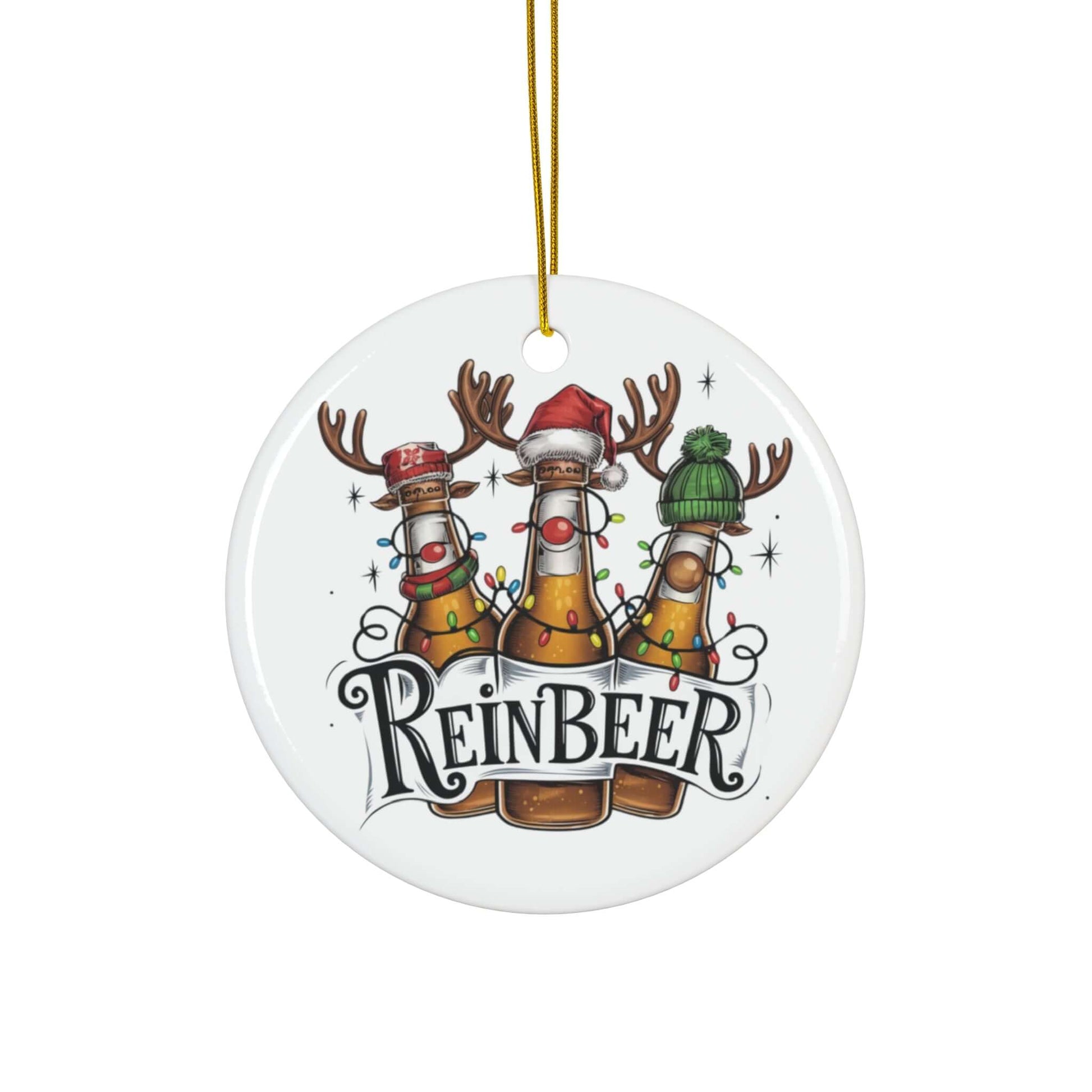 Humorous Reinbeer ceramic ornament featuring festive bottles with reindeer antlers for a fun Christmas decoration.