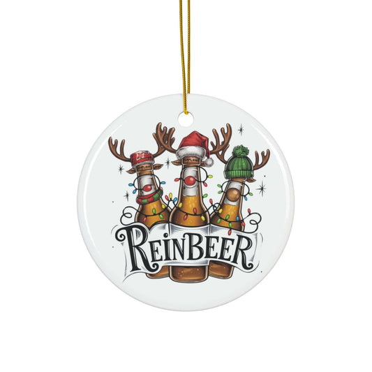 Humorous Reinbeer ceramic ornament featuring festive bottles with reindeer antlers for a fun Christmas decoration.