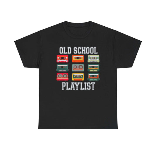 Vintage Cassette Tee with "Old School Playlist" design featuring colorful cassette tapes, retro music nostalgia t-shirt.