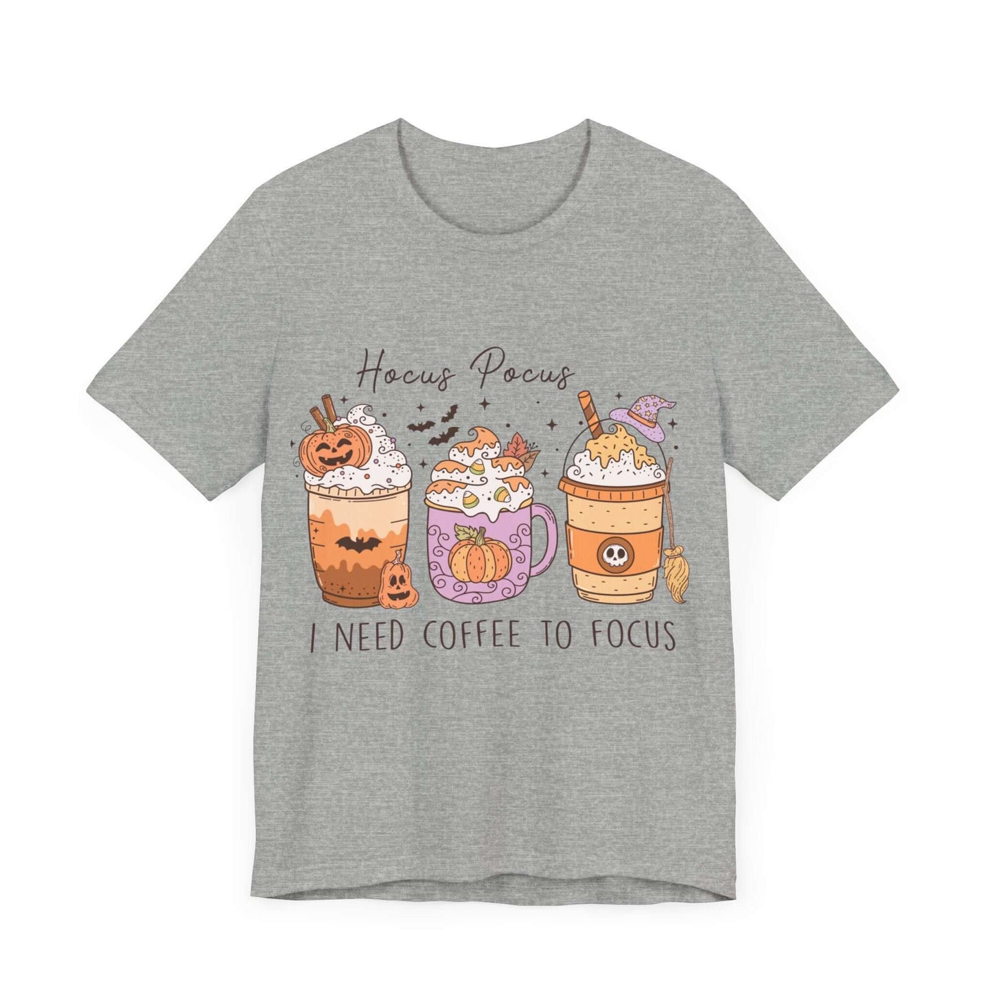 Halloween Coffee Lover's T-shirt, Hocus Pocus I Need Coffee to Focus, Women's Spooky Shirt for Brew-Witching Mornings and Halloween Parties.