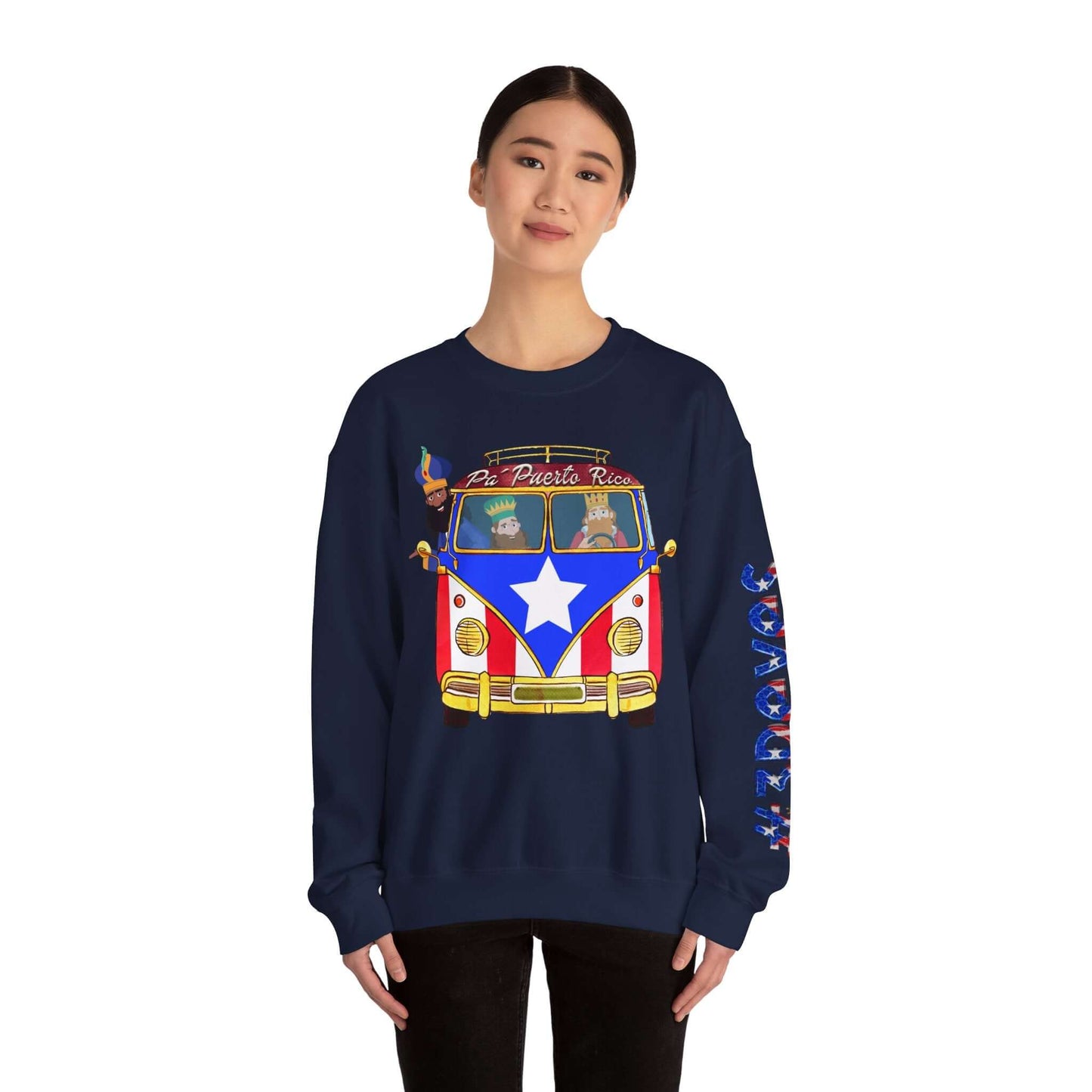 Woman wearing a Christmas sweater with VW bus design and Puerto Rico flag, featuring festive print on the left sleeve.