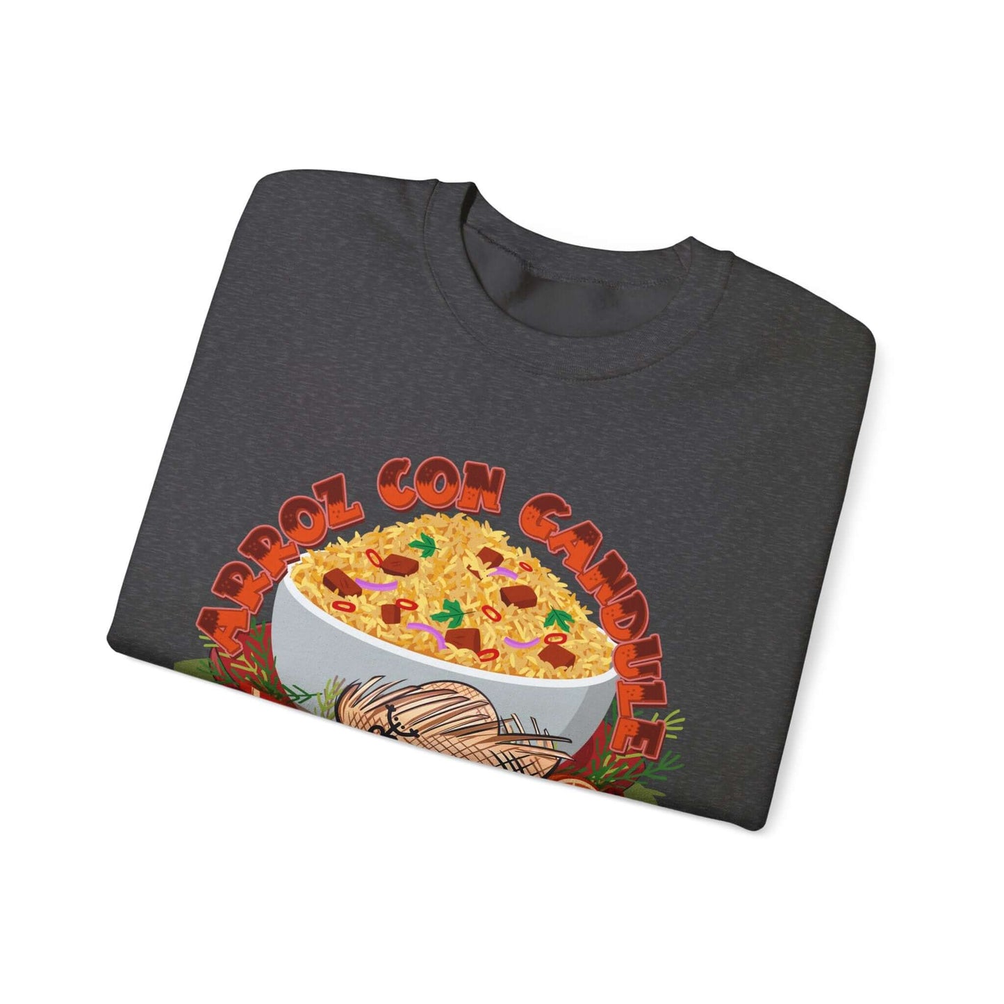 Arroz Con Gandules Christmas sweater with festive bowl graphic and holiday elements, bold text "ARROZ CON GANDULES" and "BORIKÉN".