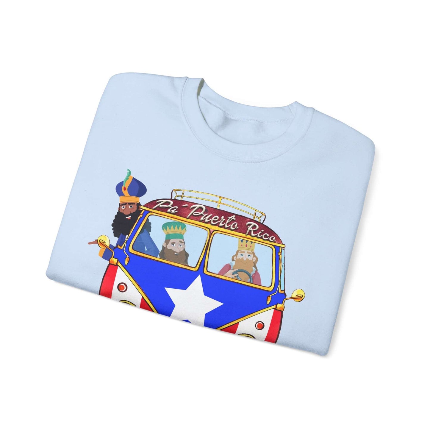 Christmas sweater featuring Three Kings in a VW bus with Puerto Rico flag and "Pa Puerto Rico" text, festive print on left sleeve.