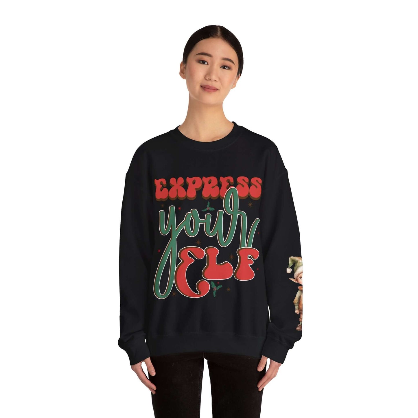 Express Yourself Festive Sweatshirt - Colorful Holiday Elf Design, Individuality and Style