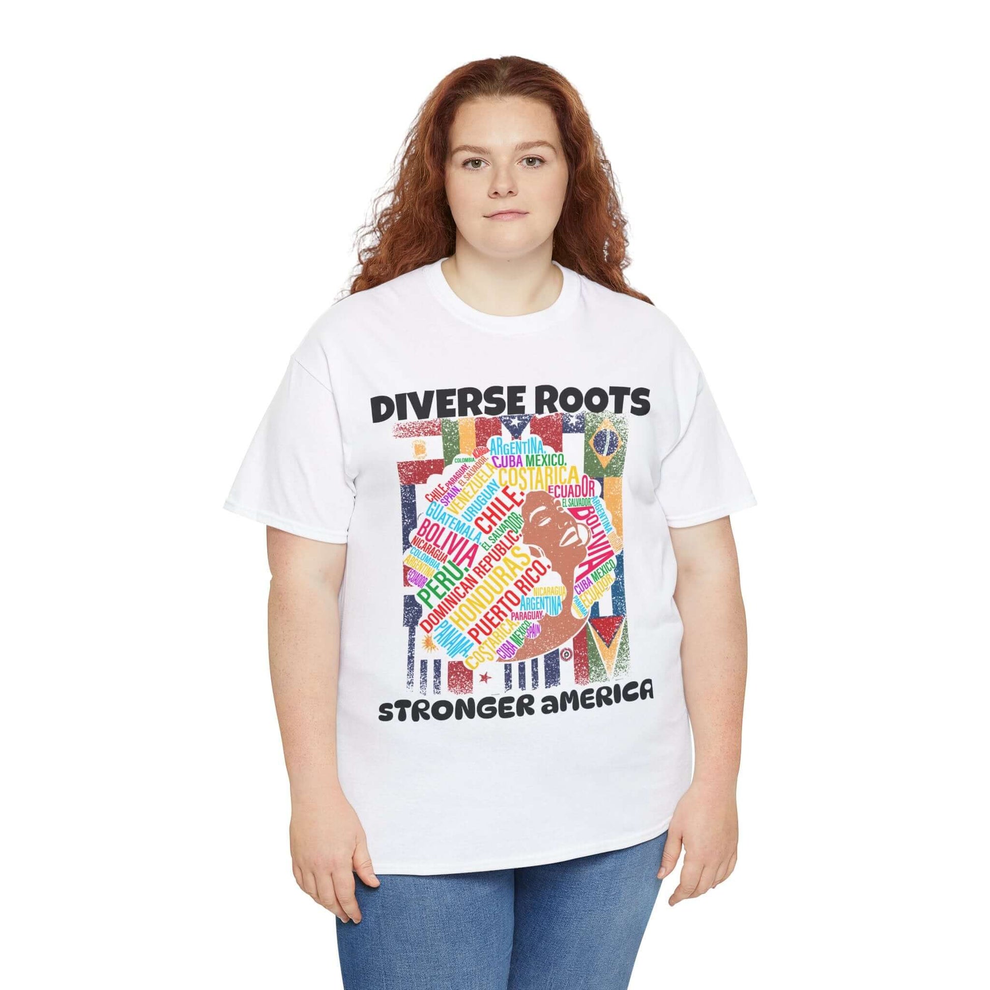 Person wearing a 'Diverse Roots Stronger America' unisex tee, advocating for immigration and diversity rights while showcasing style.