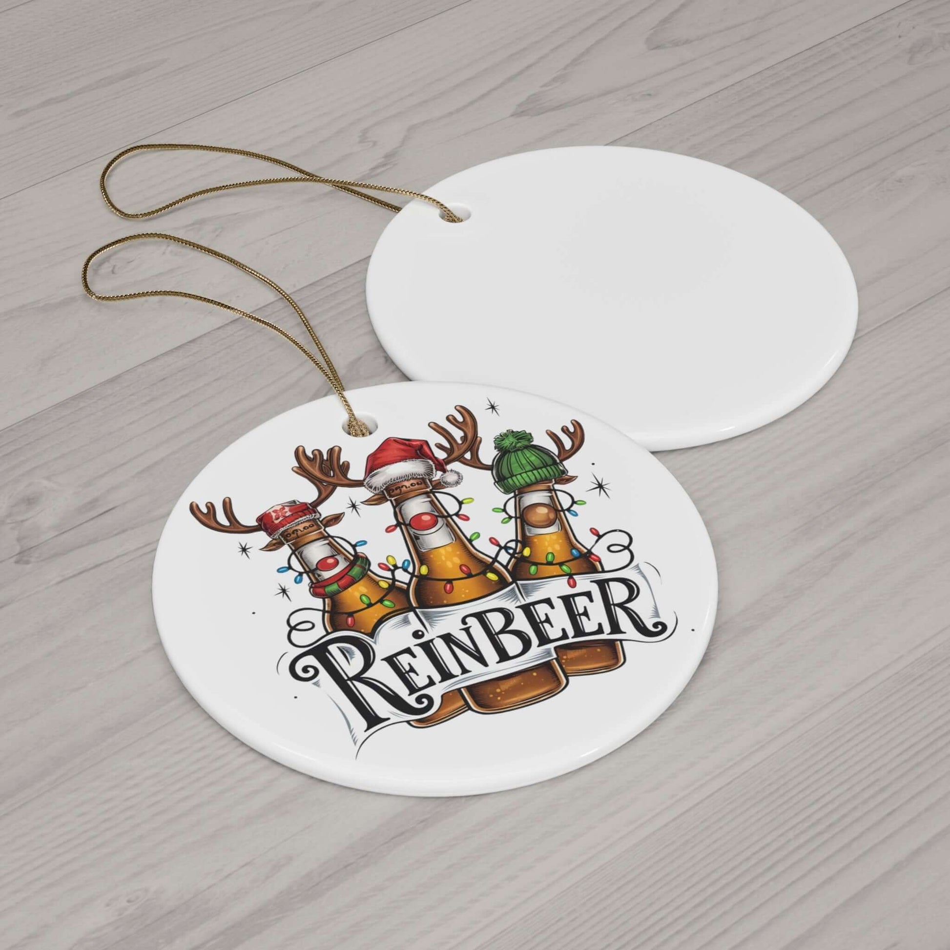 Humorous Reinbeer ceramic ornament featuring festive bottles with antlers, perfect for playful Christmas tree decor.