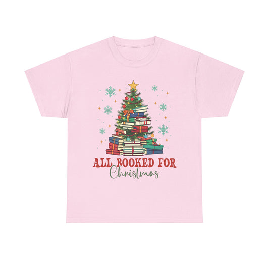 Pink Christmas tee featuring a festive book tree design with "All Rooked for Christmas" text, perfect for book lovers.