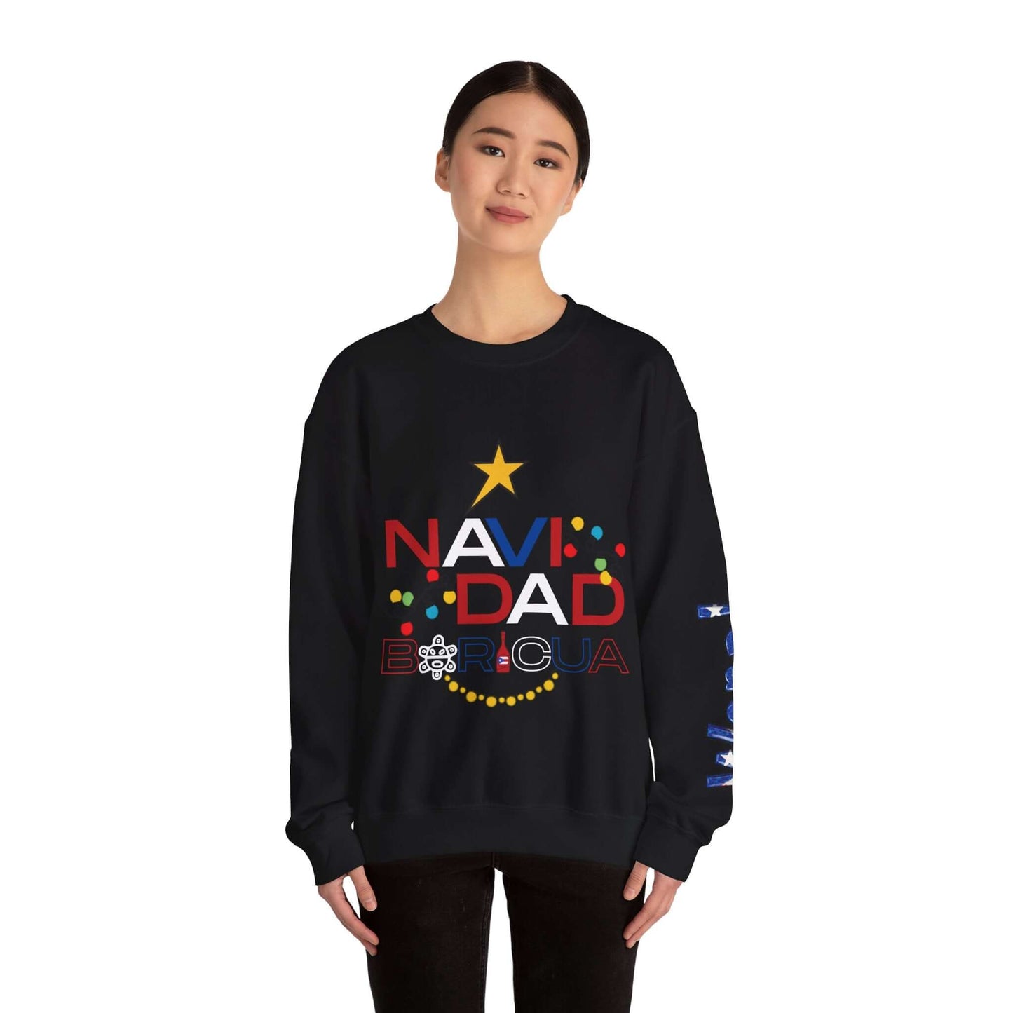 Unique Christmas Sweater, Vibrant Holiday Themed Prints on Left Sleeve, Perfect for Celebrating the Festive Season in Style