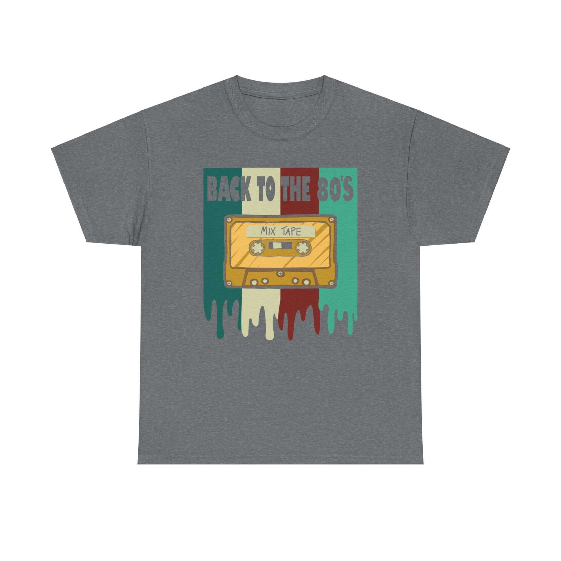 Retro 80s mixtape design on a vintage cassette T-shirt for music enthusiasts and nostalgic individuals