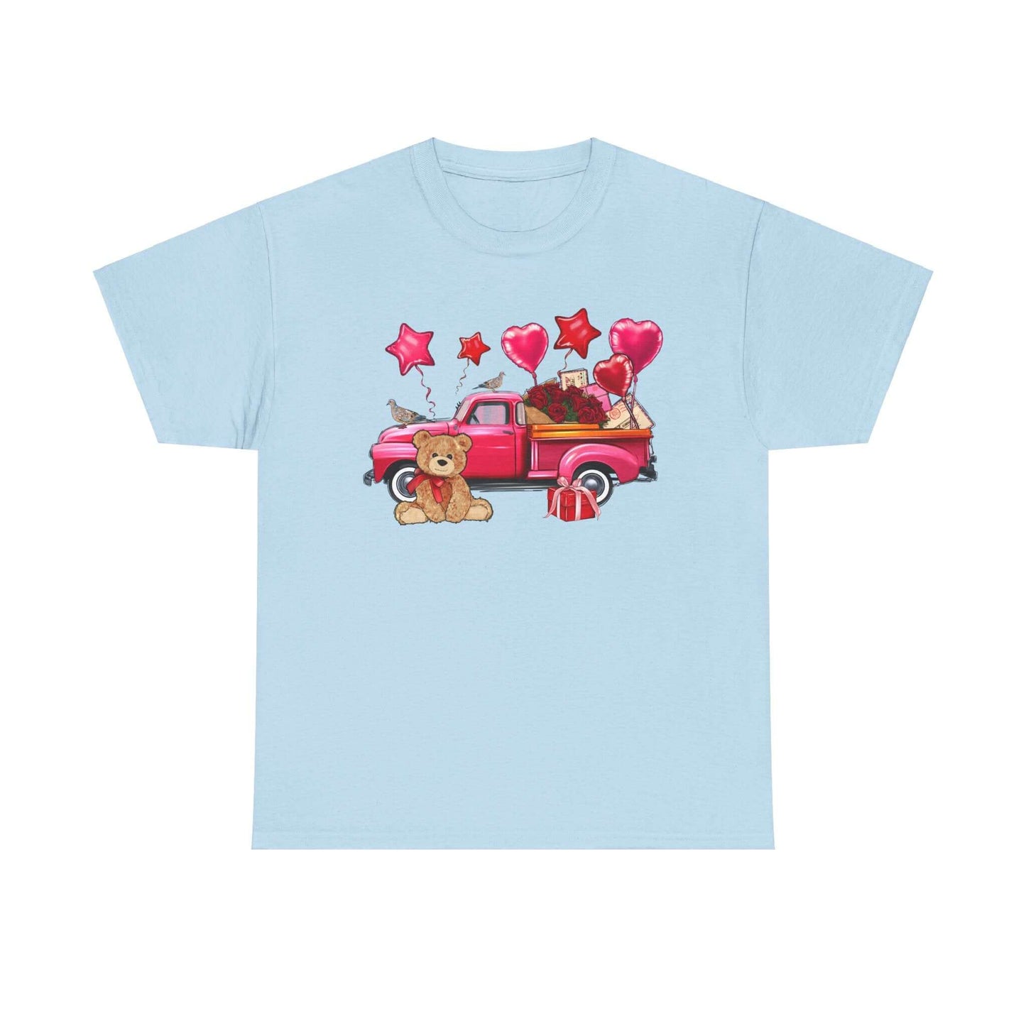 Valentine's Day tee with vintage truck, roses, and teddy bear design, unisex heavy cotton, perfect romantic gift.