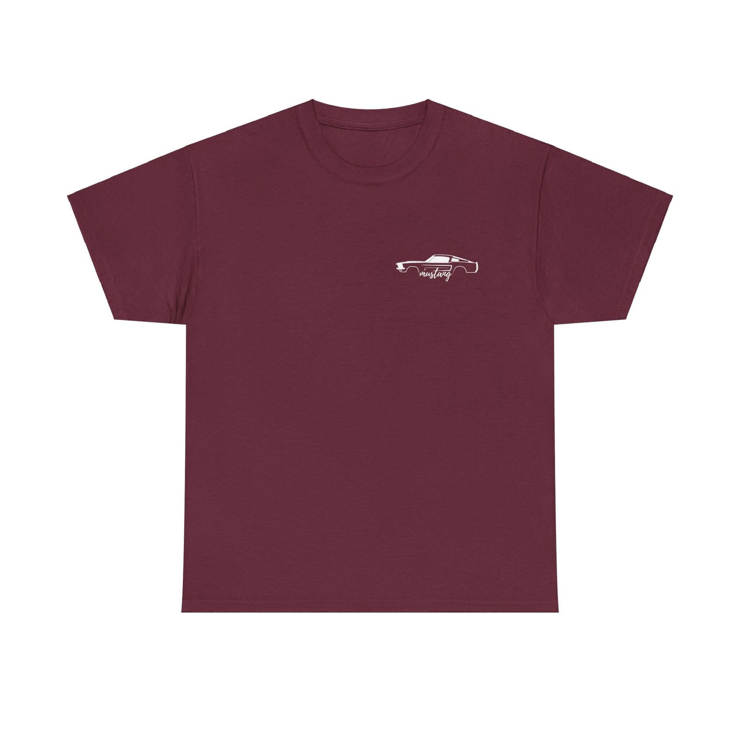 Ford Mustang Evolution Tee with 1967 Mustang Front Chest Print on Maroon Shirt