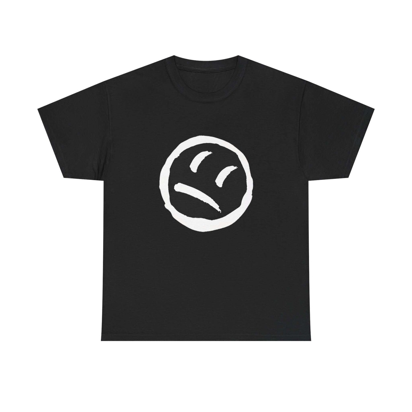 Black unisex heavy cotton tee with white smiley face design, perfect for casual wear and everyday vibes.