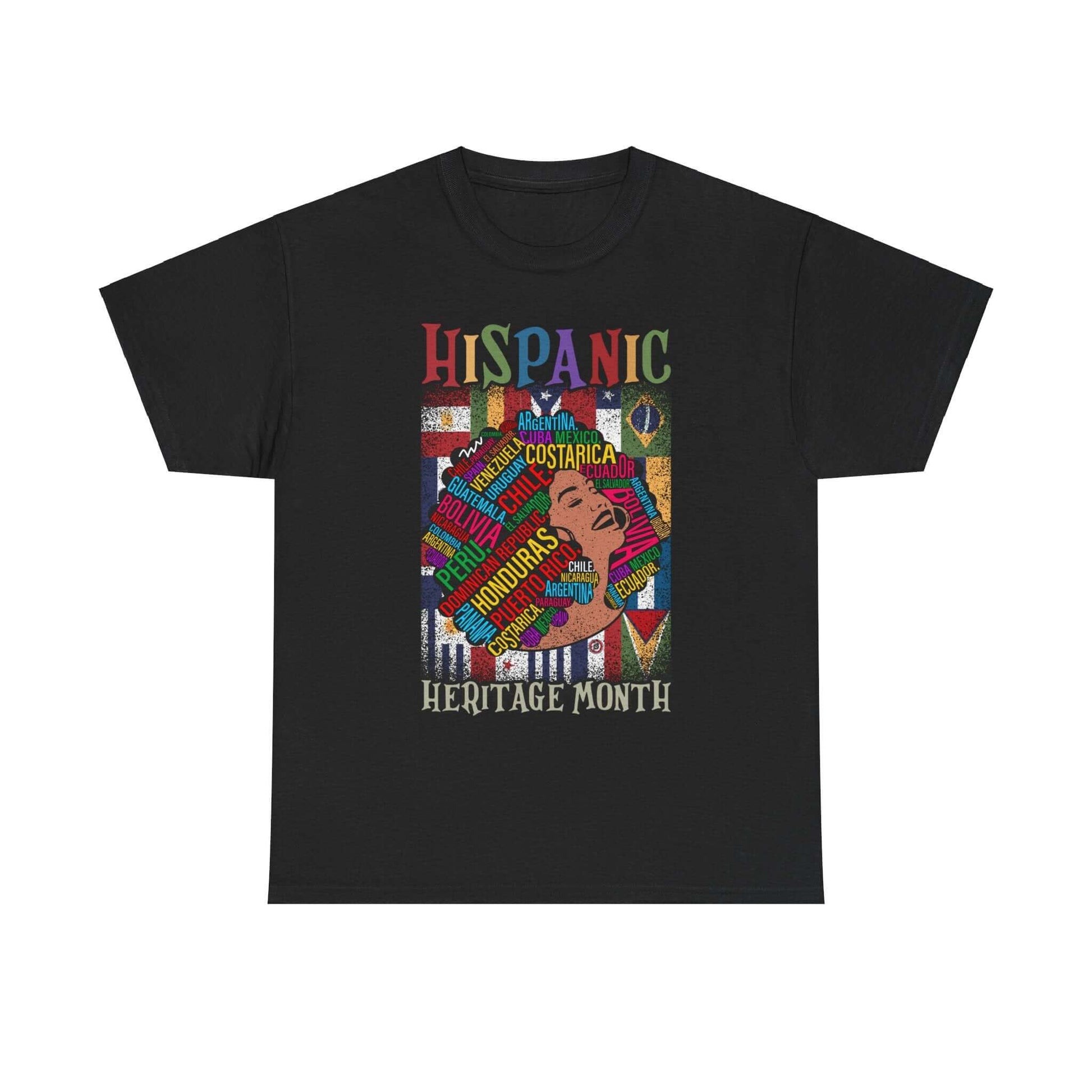 Black T-Shirt with colorful Hispanic Heritage Month design and country names, celebrating cultural pride and diversity.