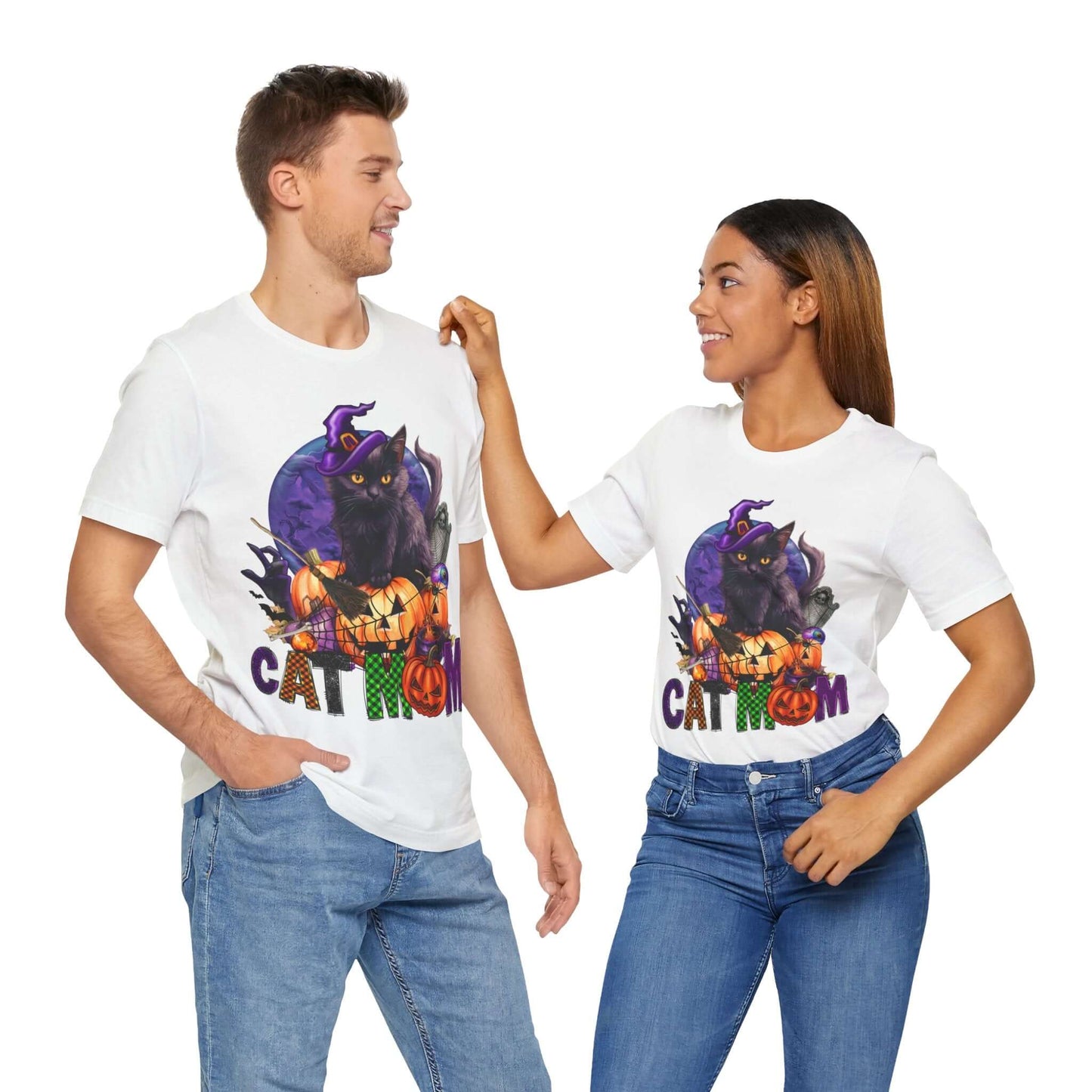 Cat Mom Women's T-shirt - Adorable Baby Black Cat, Pumpkins and Purple Moon, - Unique Halloween Outfits, Festive Parties, and Feline Fun.