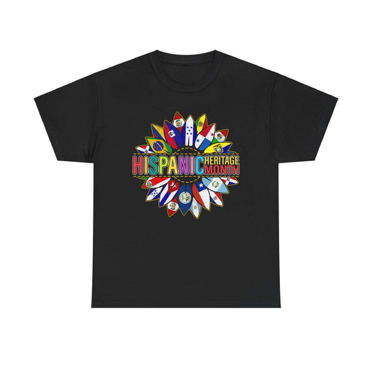 Black T-shirt celebrating Hispanic Heritage Month with colorful flag design forming a vibrant circle.