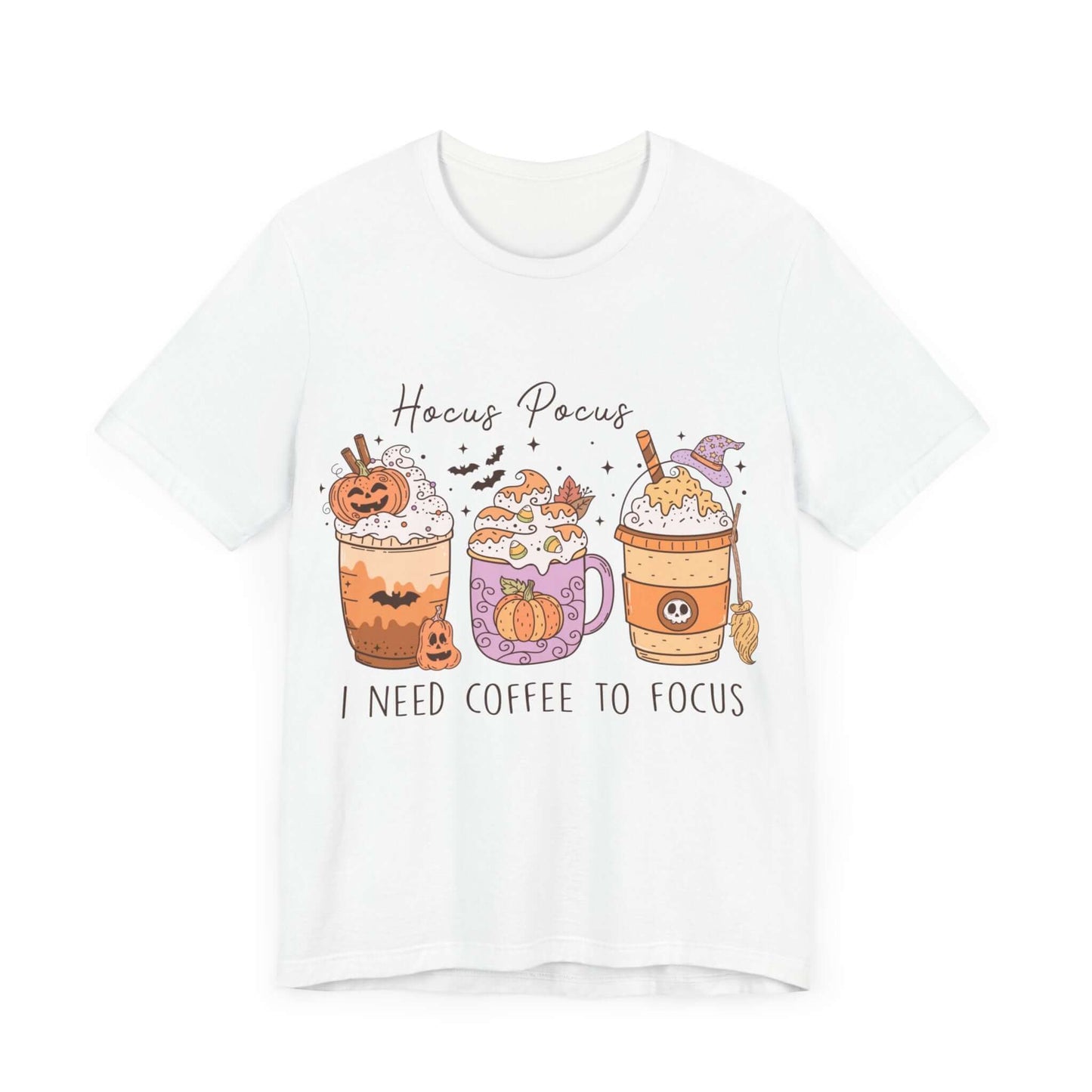 Halloween Coffee Lover's T-shirt, Hocus Pocus I Need Coffee to Focus, Women's Spooky Shirt for Brew-Witching Mornings and Halloween Parties.