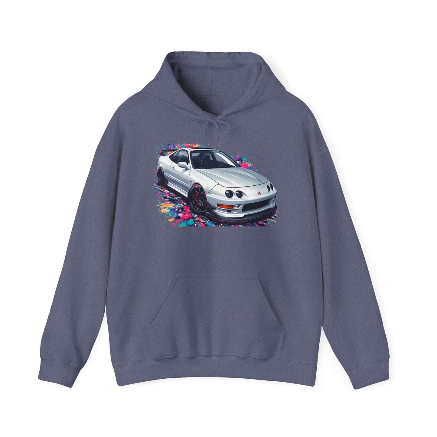 White hooded sweatshirt featuring DC2 USDM front clip design of Model integra, perfect for car enthusiasts and casual outings.