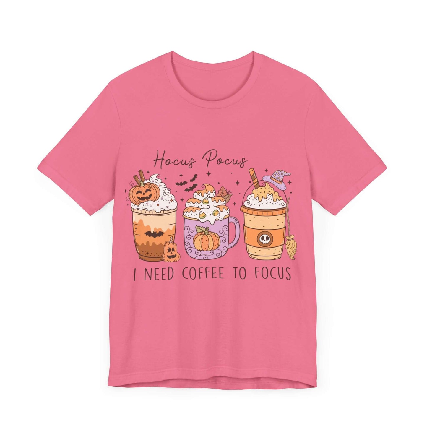 Halloween Coffee Lover's T-shirt, Hocus Pocus I Need Coffee to Focus, Women's Spooky Shirt for Brew-Witching Mornings and Halloween Parties.