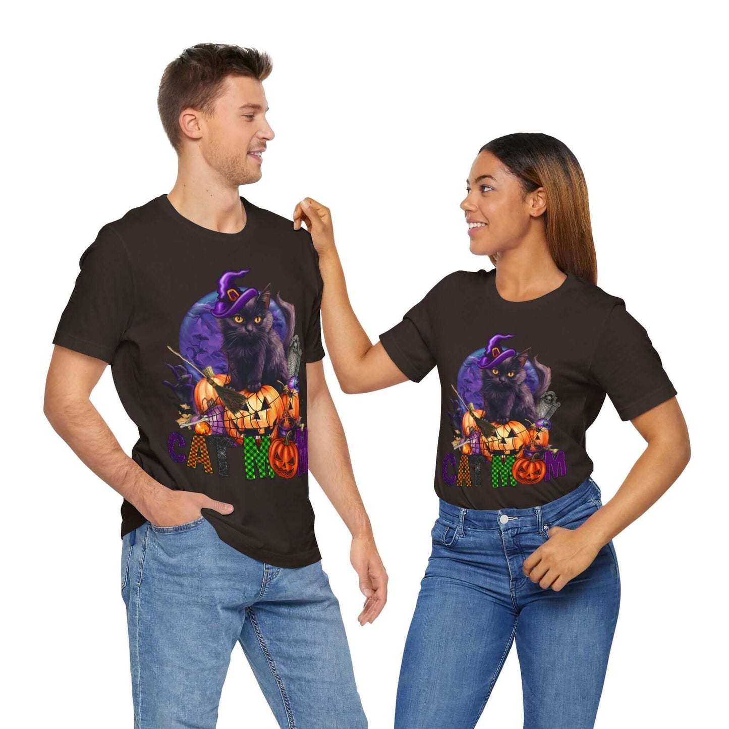 Cat Mom Women's T-shirt - Adorable Baby Black Cat, Pumpkins and Purple Moon, - Unique Halloween Outfits, Festive Parties, and Feline Fun.