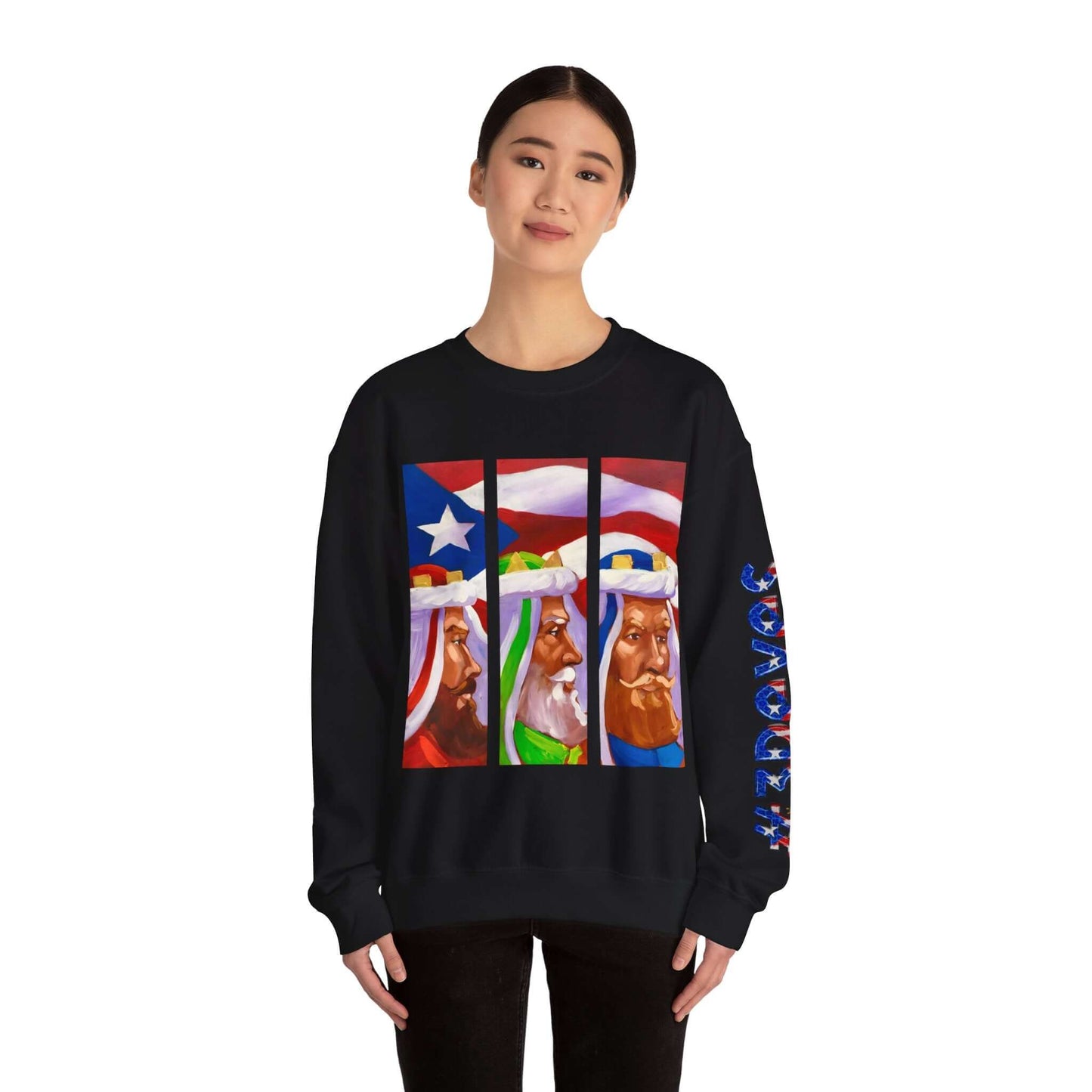 Woman wearing a festive Three Kings holiday sweater with Puerto Rican flag design featuring artistic Three Kings print.