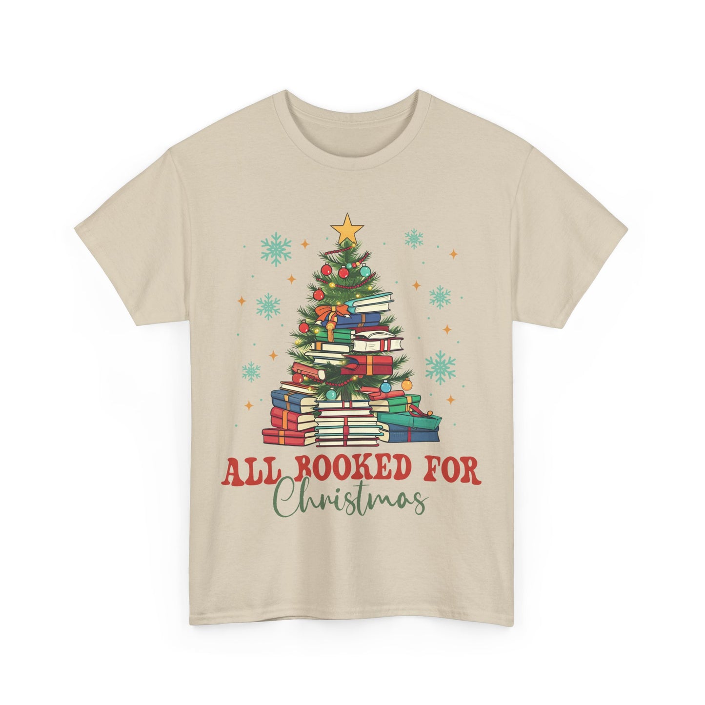 Christmas Book Lover Tee featuring a festive tree made of books and decorations, perfect for holiday celebrations.