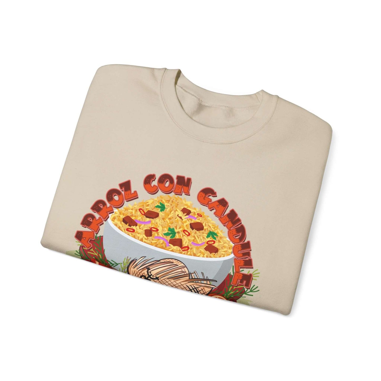 Arroz Con Gandules Christmas Sweater with rice and peas design, featuring festive holiday graphics and bold text.