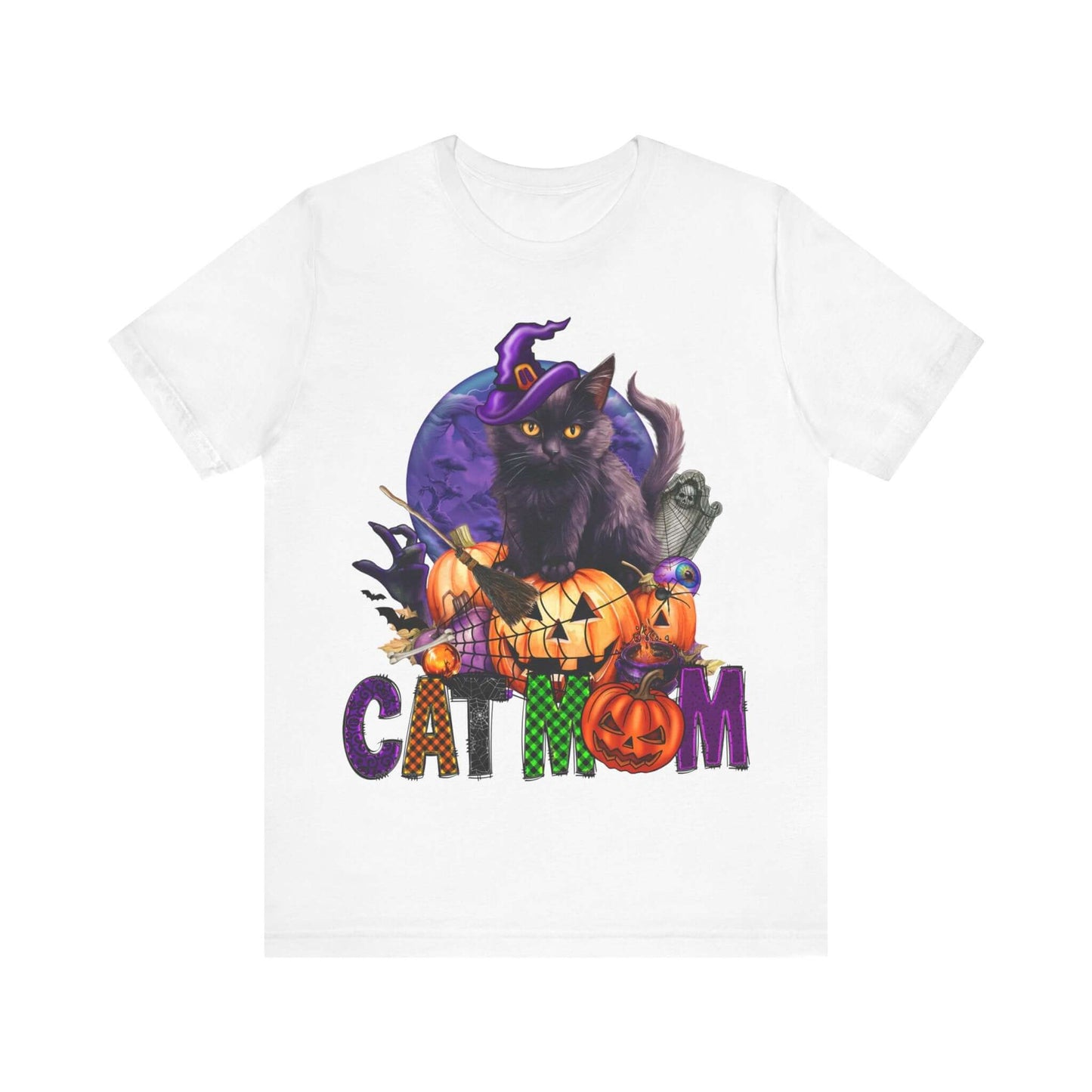 Cat Mom Women's T-shirt - Adorable Baby Black Cat, Pumpkins and Purple Moon, - Unique Halloween Outfits, Festive Parties, and Feline Fun.