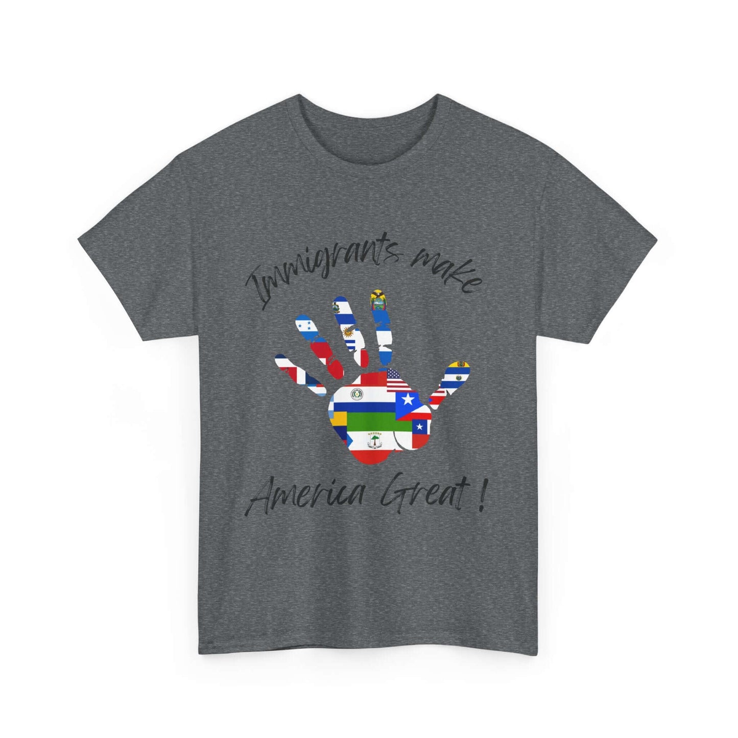 Unisex "Immigrants Make America Great" tee with flag handprint design, promoting inclusivity and cultural diversity.