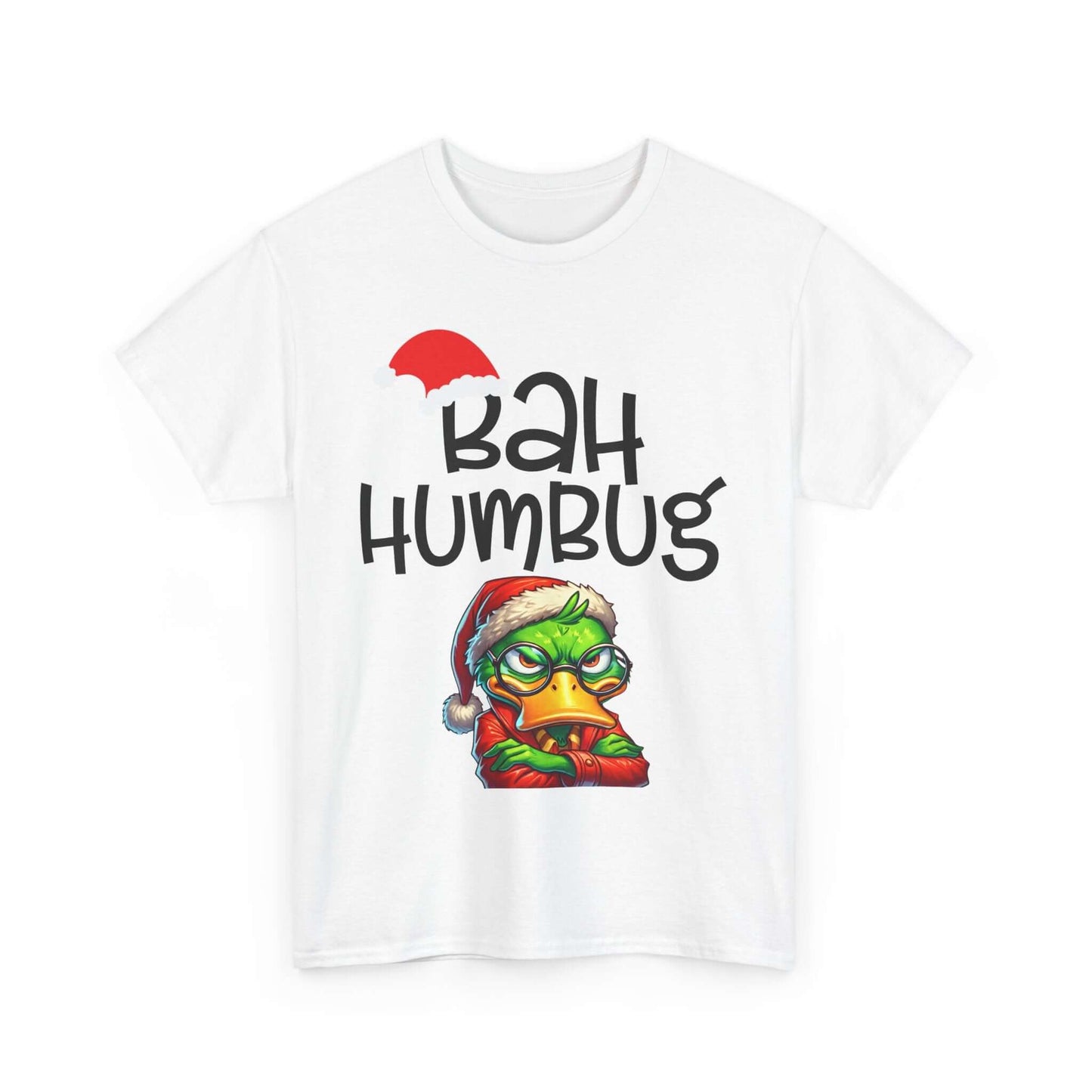 Unisex 'Bah Humbug' tee featuring a humorous design with a festive character, perfect for Christmas celebrations.