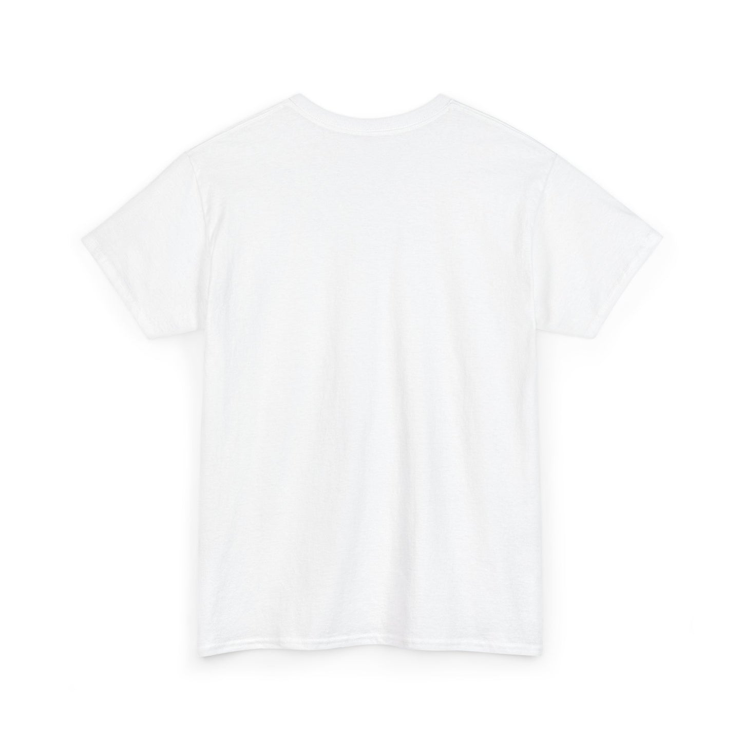 Back view of a plain white unisex heavy t-shirt, perfect for customizing with festive holiday designs.