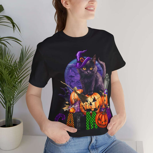 Cat Mom Women's T-shirt - Adorable Baby Black Cat, Pumpkins and Purple Moon, - Unique Halloween Outfits, Festive Parties, and Feline Fun.