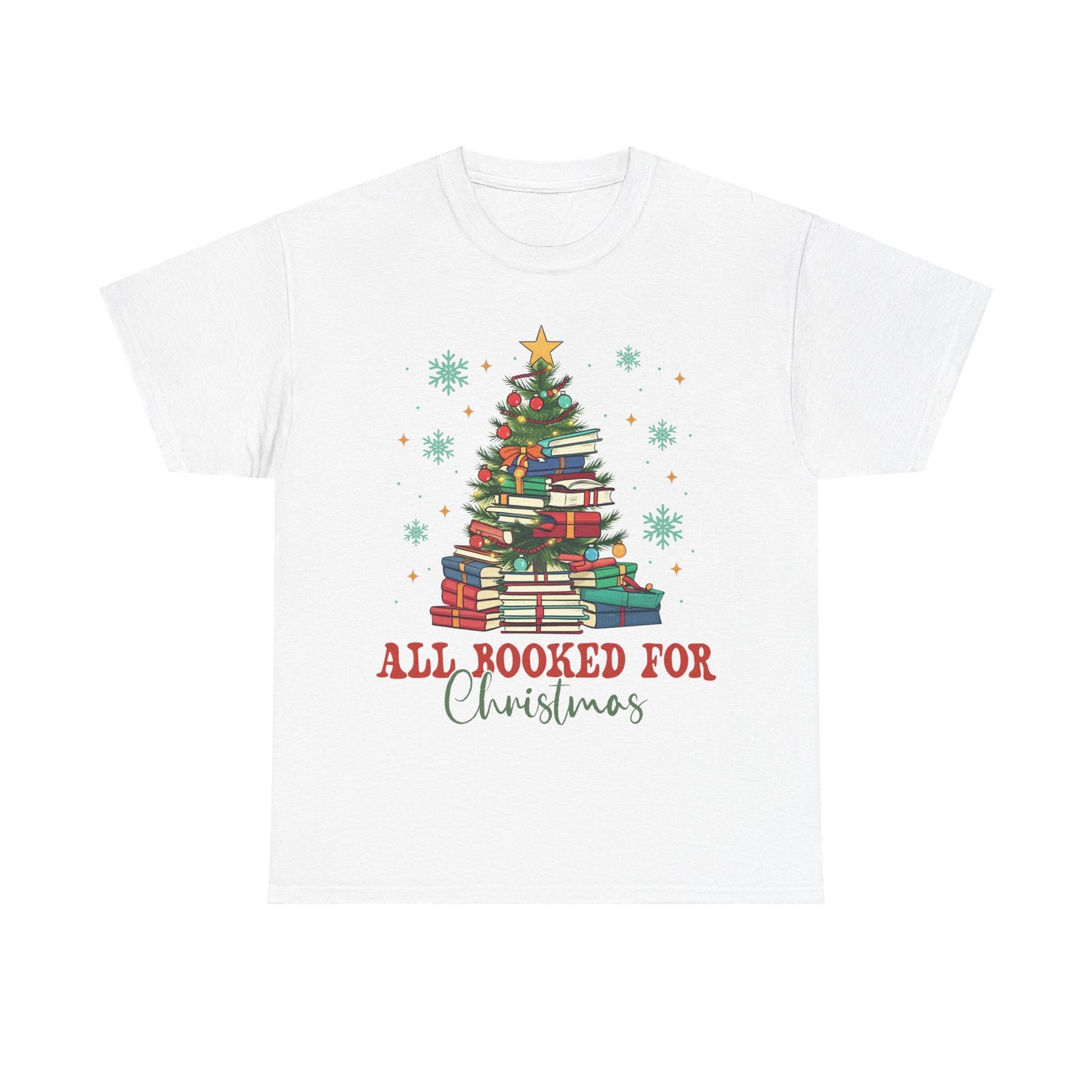 Christmas Book Lover Tee featuring a colorful book tree design, perfect for festive holiday celebrations.