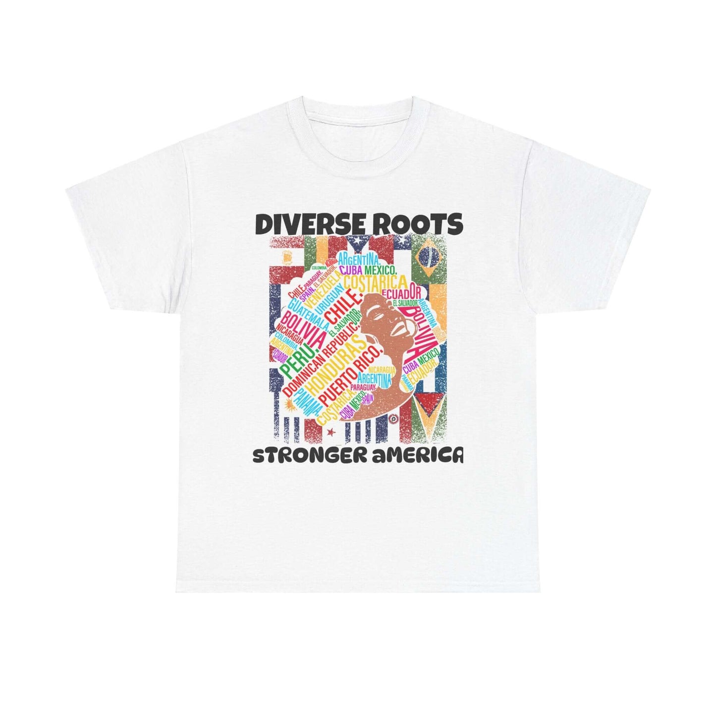 Unisex tee advocating for diverse roots, supporting immigration and a stronger America with vibrant graphic design.