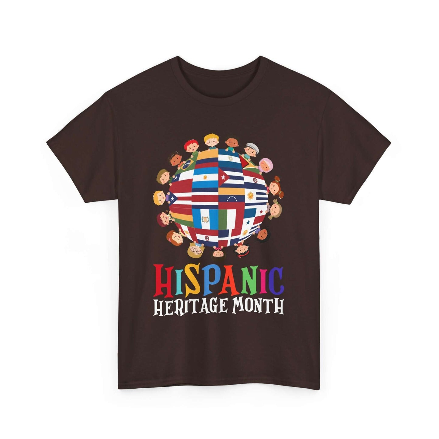 Kids' T-shirt celebrating Hispanic Heritage Month with colorful globe and flags design, perfect for educational diversity events.