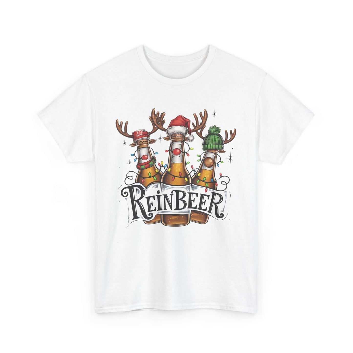 Festive Reinbeer t-shirt featuring reindeer beer bottles in holiday hats and lights, perfect for Christmas celebrations.