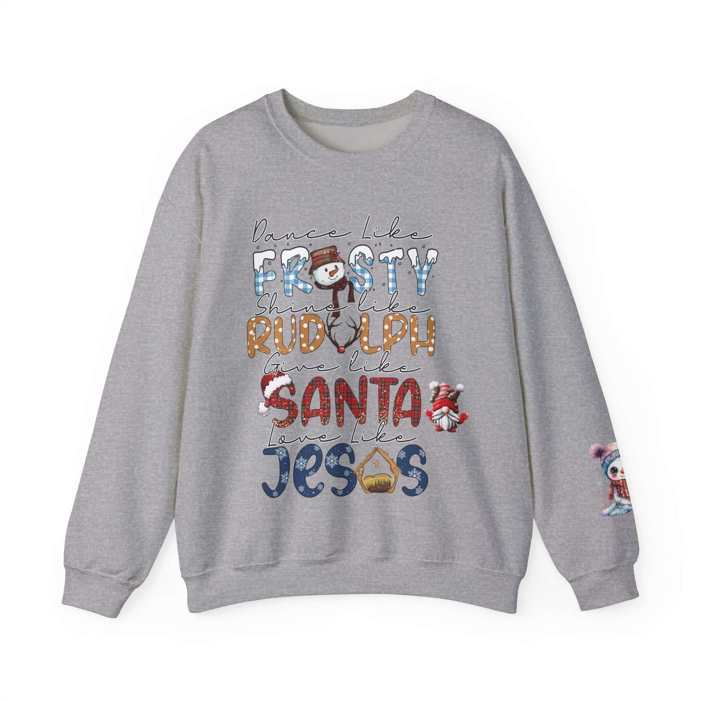 Festive Holiday T-Shirt with Snowman and Christmas Tree, Frosty Rudolph Santa Jesus Design, Colorful Fonts, Perfect Gift