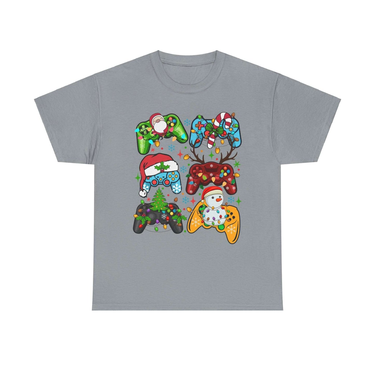 Gray Christmas tee featuring colorful gaming controllers adorned with Santa, snowmen, and festive decorations.