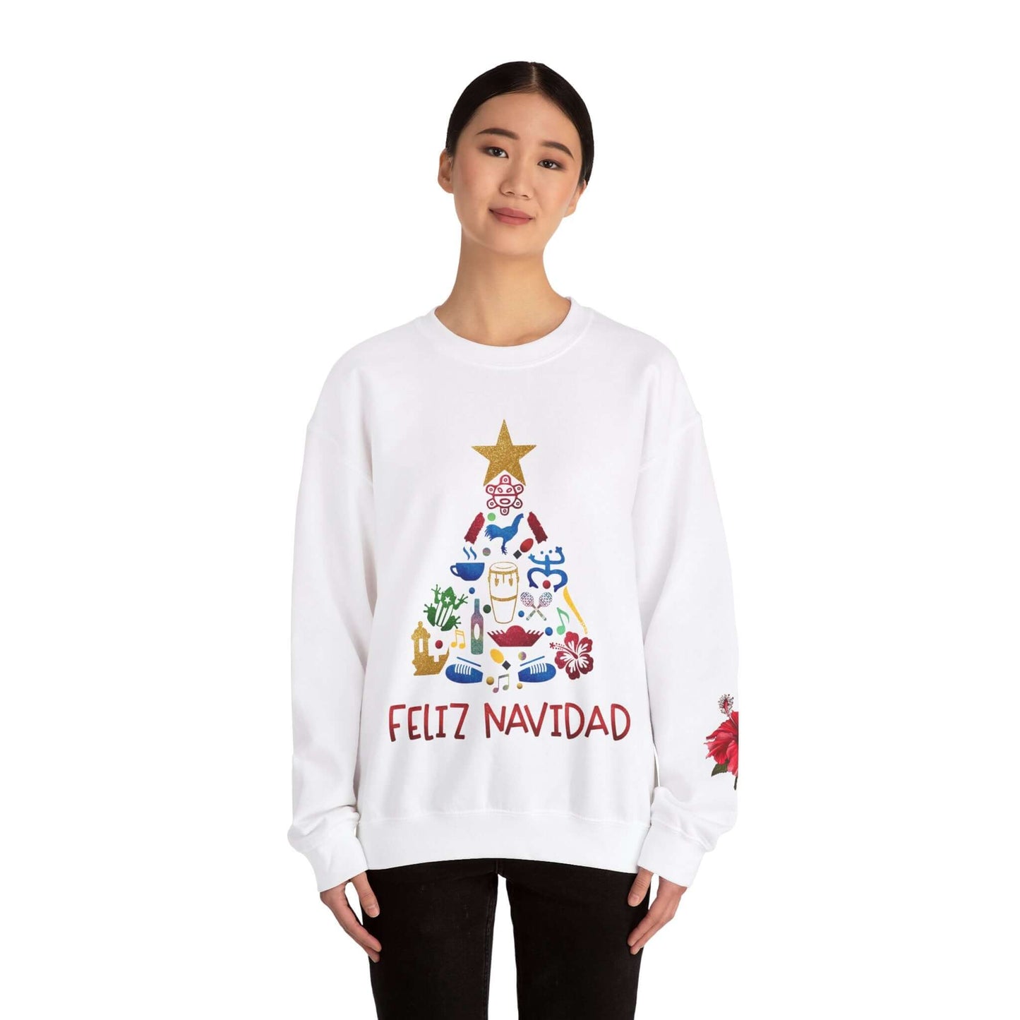 Feliz Navidad Puerto Rico Festive Print on left Long Sleeve Christmas T-Shirt with Unique Colorful Tree Design