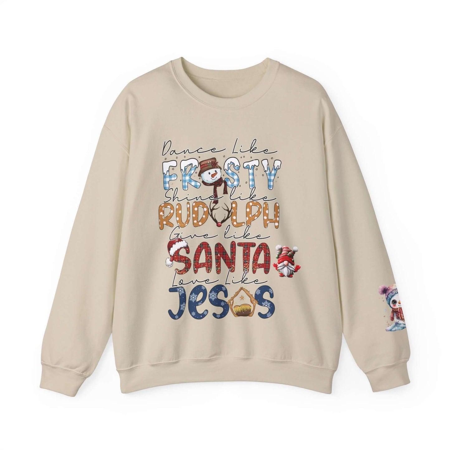 Festive Holiday T-Shirt with Snowman and Christmas Tree, Frosty Rudolph Santa Jesus Design, Colorful Fonts, Perfect Gift