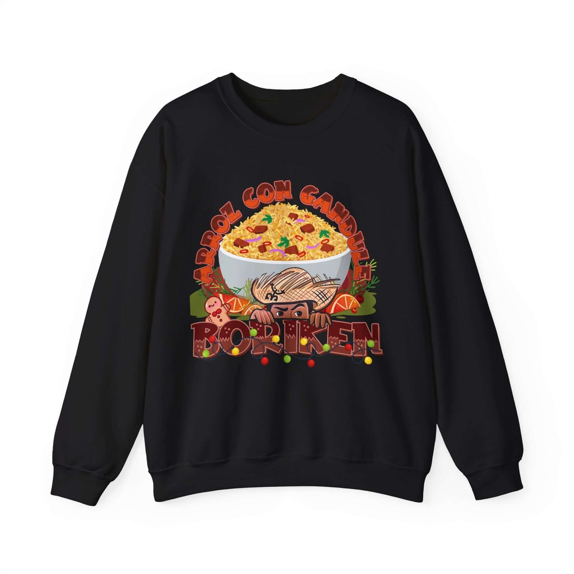 Arroz Con Gandules Christmas Sweater with festive graphic print and "Borikén" text, featuring rice bowl illustration, holiday style.