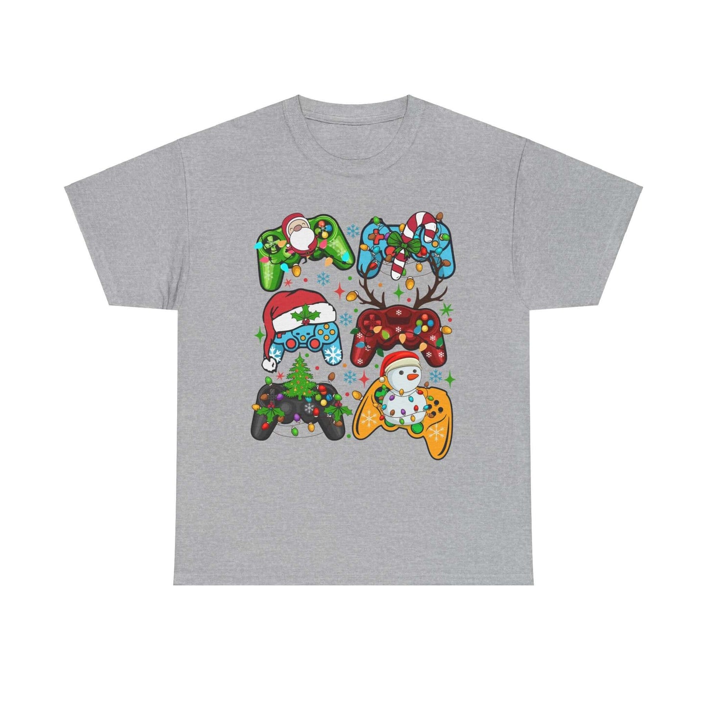 Christmas Gaming Controller Tee featuring playful designs with Santa, snowmen, and holiday colors on a gray shirt.