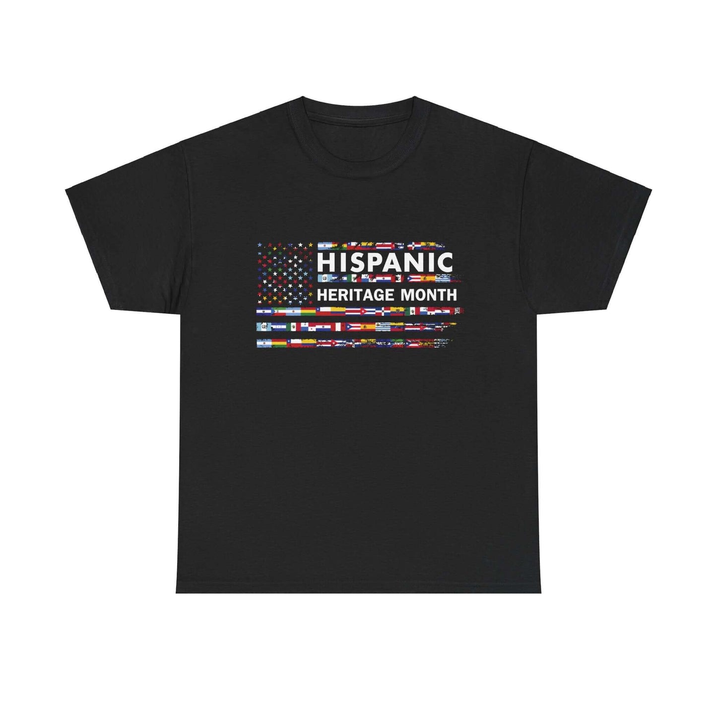 Black T-shirt featuring "HISPANIC HERITAGE MONTH" text with colorful mosaic of Hispanic country flags. Celebrate cultural pride!