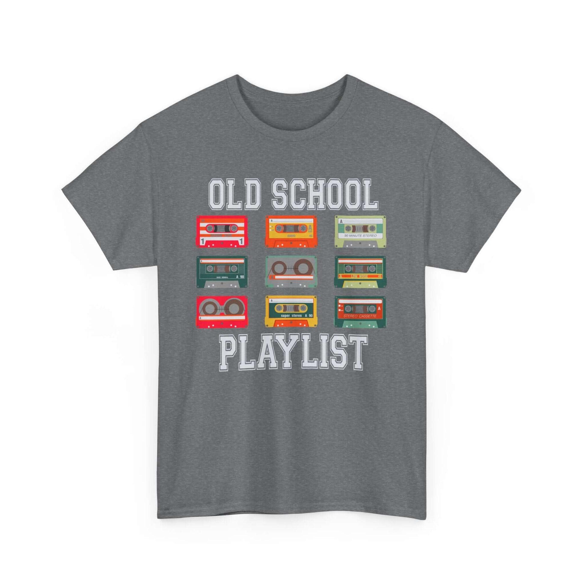 Vintage cassette tee with colorful tapes and 'Old School Playlist' text, perfect for retro music lovers and nostalgic fashion.