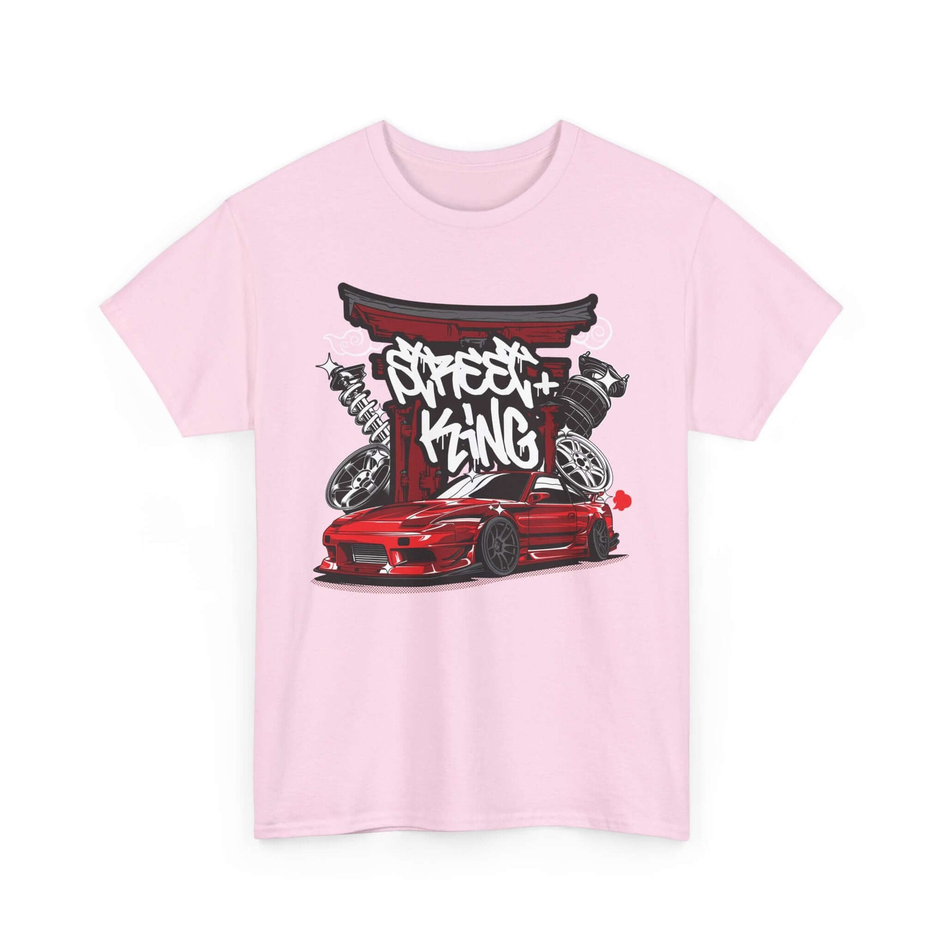 Stylized red sports car with graffiti at Japanese Torii gate on pink T-shirt, perfect for urban racing fans and streetwear lovers.