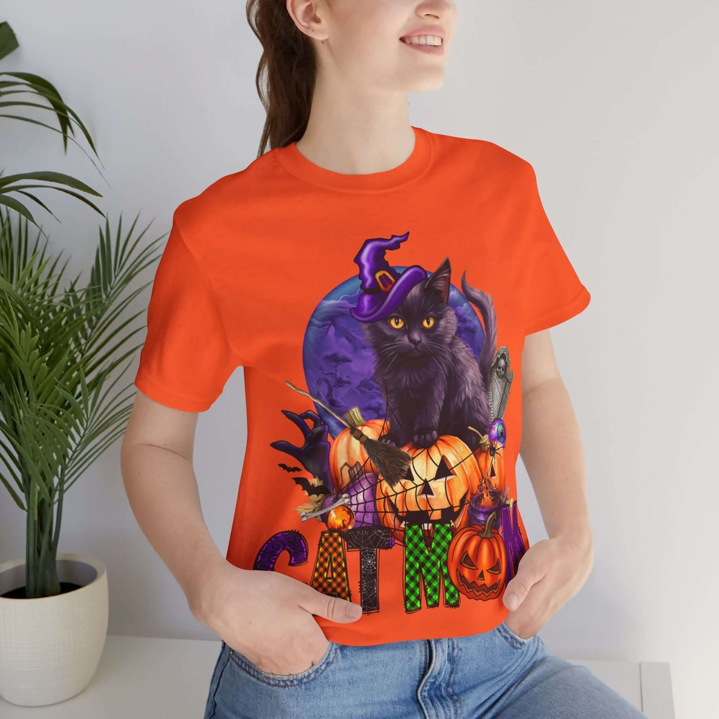 Cat Mom Women's T-shirt - Adorable Baby Black Cat, Pumpkins and Purple Moon, - Unique Halloween Outfits, Festive Parties, and Feline Fun.