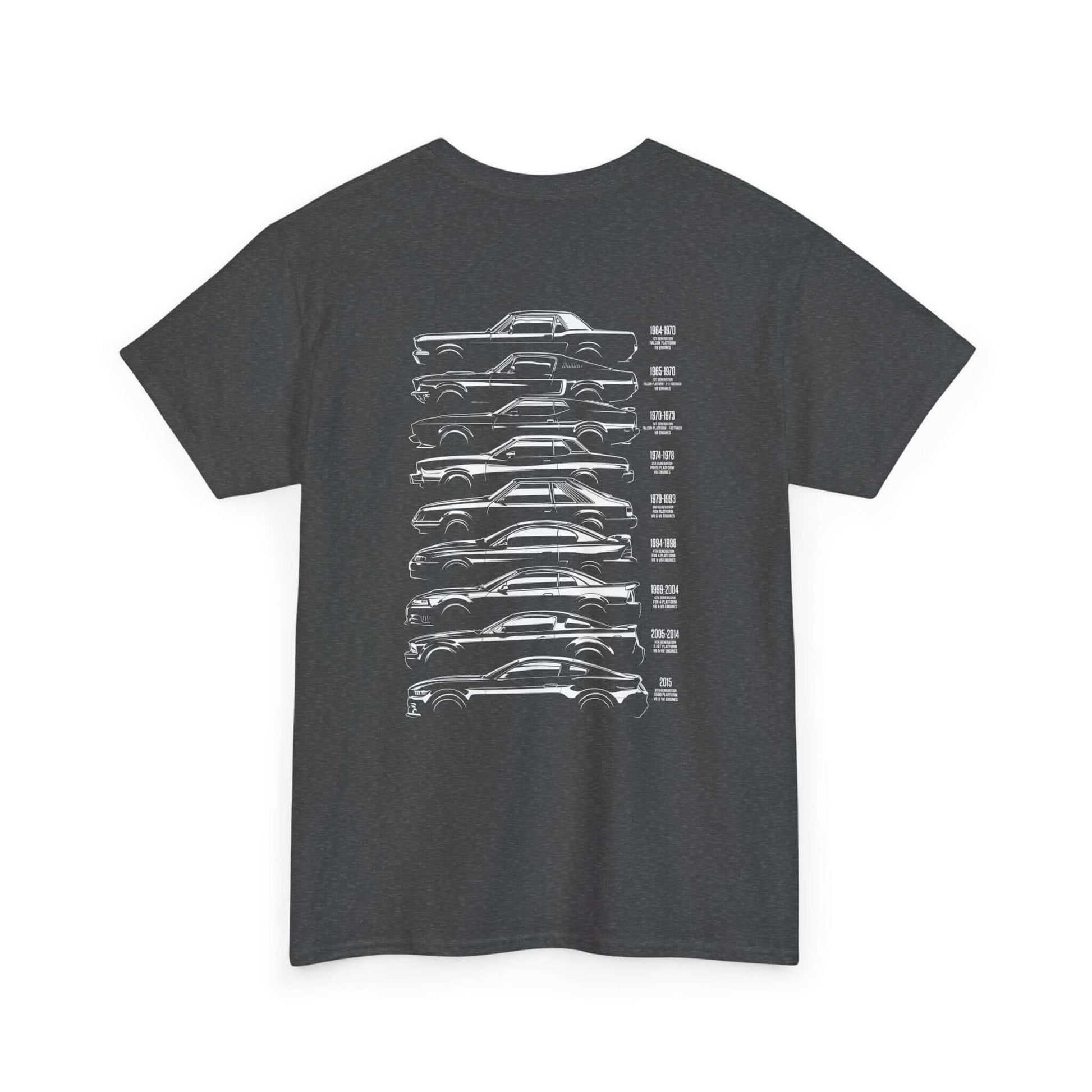 Ford Mustang Evolution Tee with rear design showcasing silhouette outlines and specs of iconic Mustangs from 1964 to 2015.