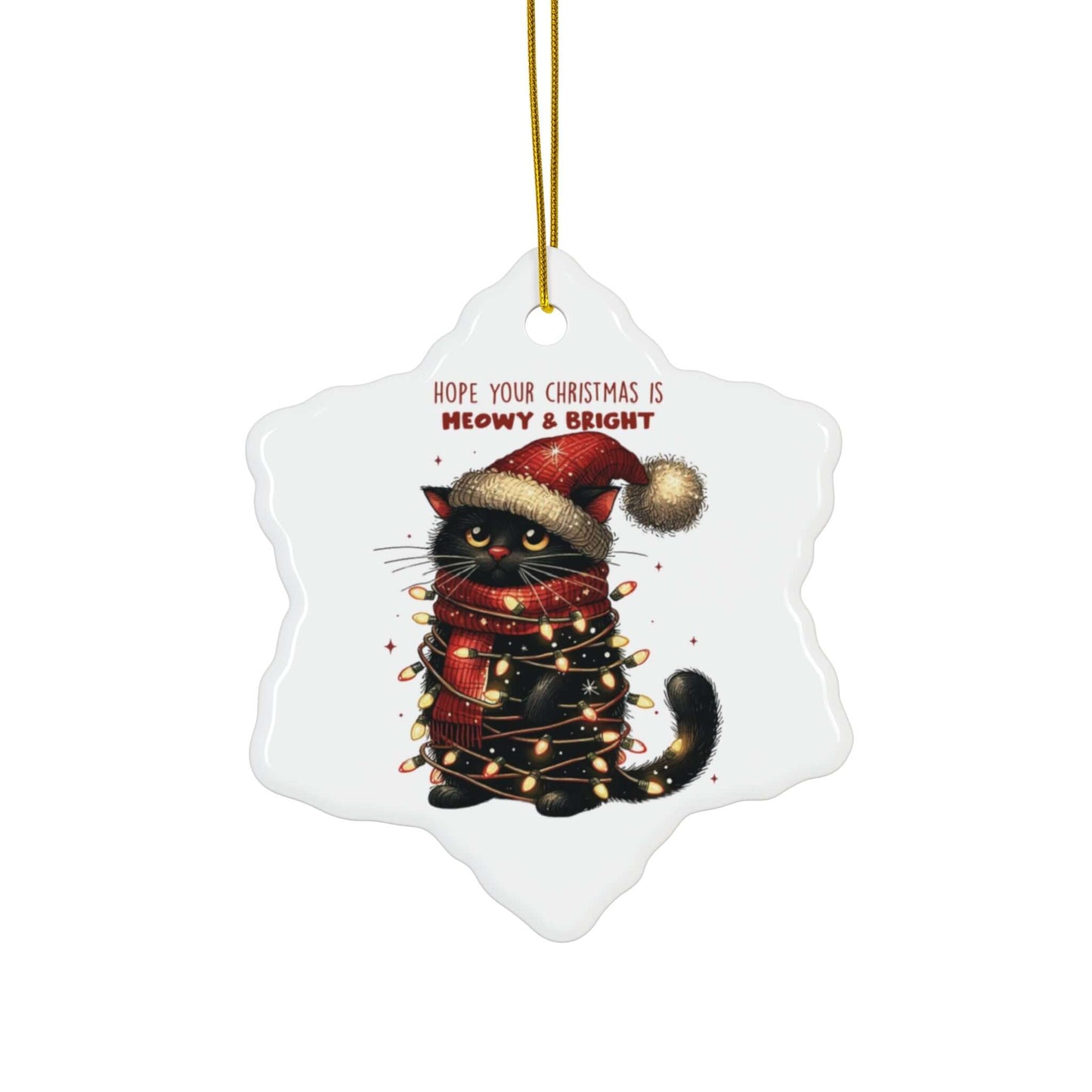 Ceramic star ornament featuring a festive cat wrapped in Christmas lights with the text "Hope Your Christmas is Meowy & Bright".